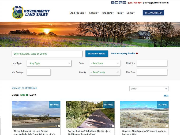 screen shot of government land sales listing page