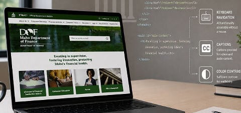 Government website on a laptop with Section 508 accessibility features including alt text, keyboard navigation, captions, and color contrast.