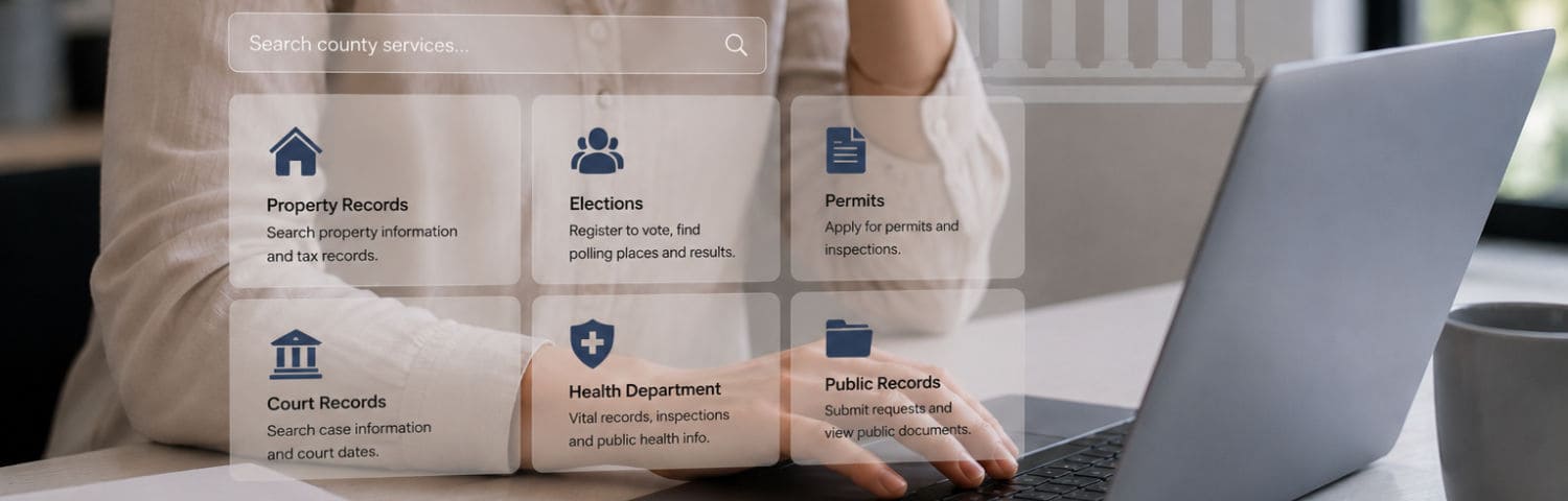Woman using a laptop to access county government website services including property records, elections, permits, court records, and health department information