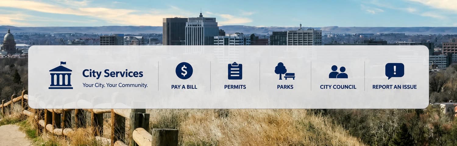 City website design showing online city services for bill payments, permits, parks, city council, and issue reporting.