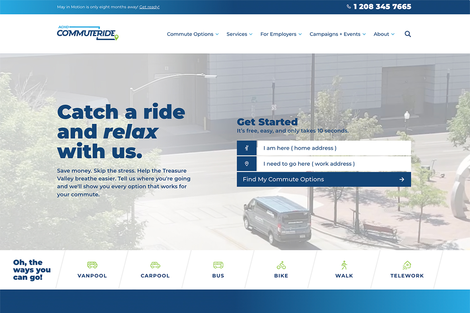 The new ACHD Commuteride homepage with the commute finder form.
