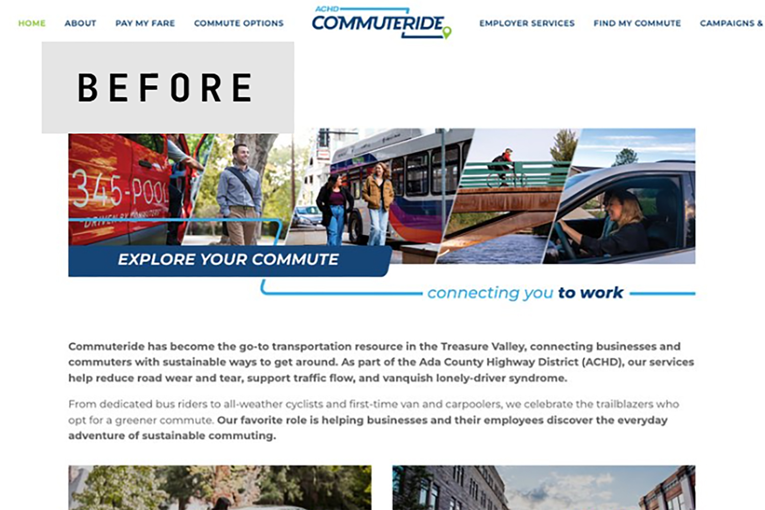 The previous ACHD Commuteride homepage on Squarespace.