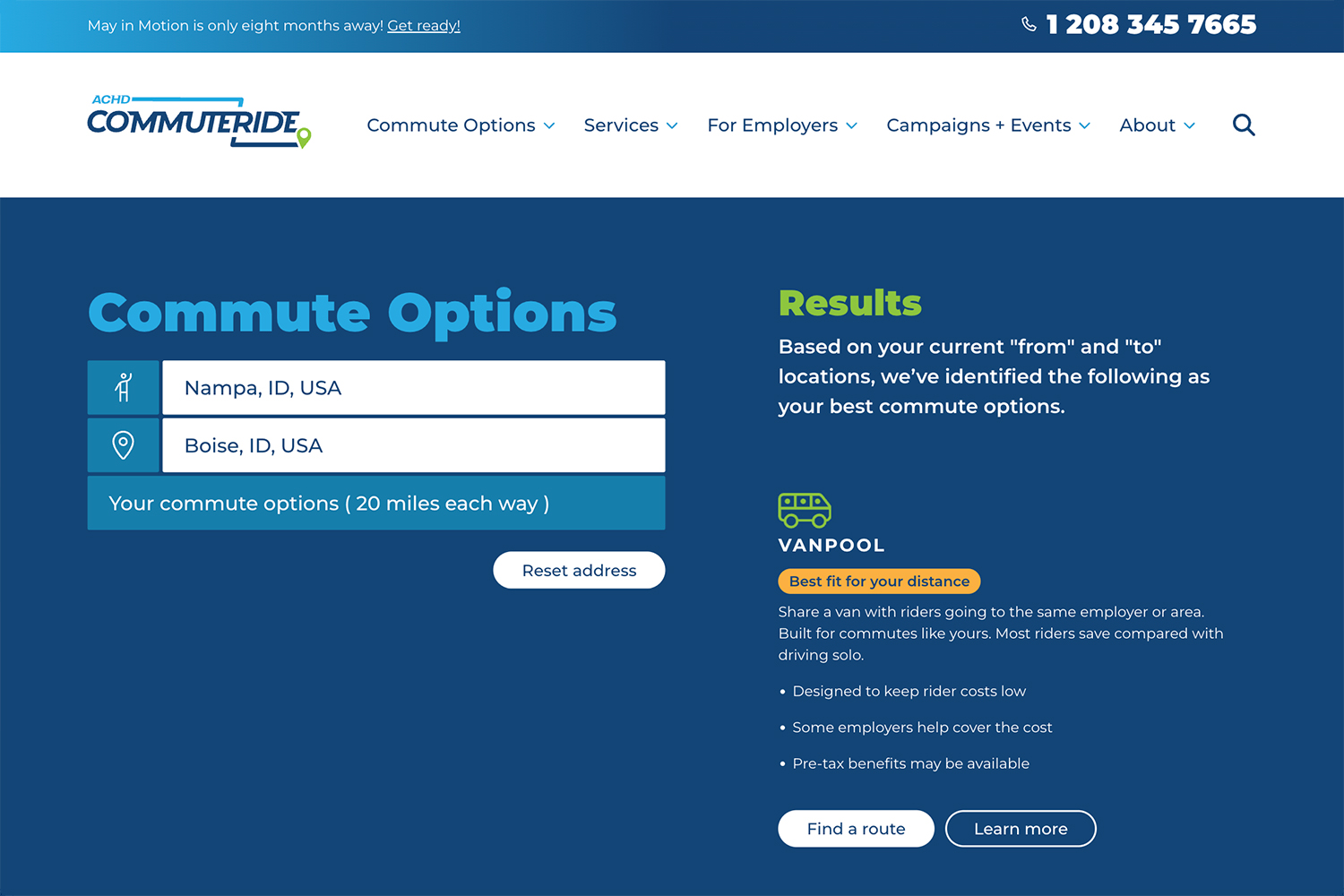 Commute results page showing recommended options for a trip from Nampa to downtown Boise.