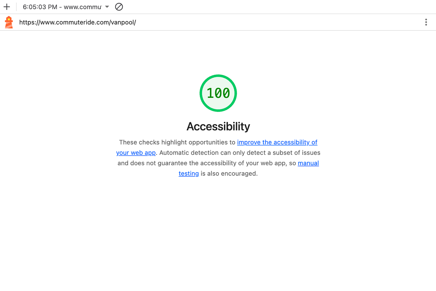 Google Lighthouse report showing an accessibility score of 100 for the ACHD Commuteride vanpool page.