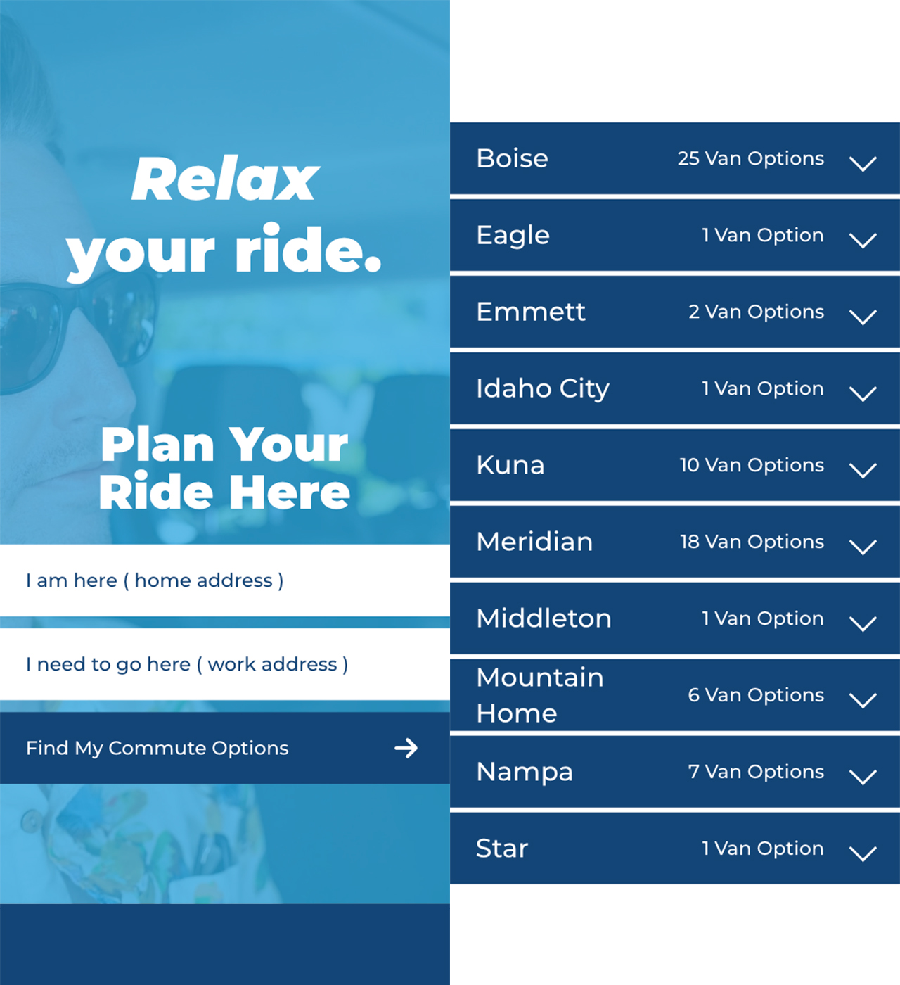 The ACHD Commuteride homepage and vanpool route table on a phone.