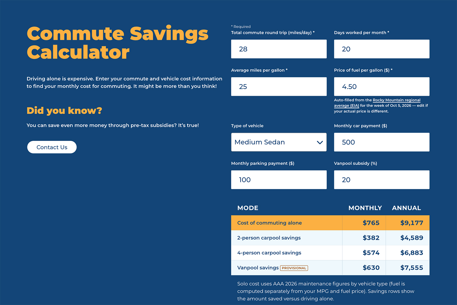 Commute savings calculator showing monthly and annual costs of driving alone compared with carpool and vanpool.