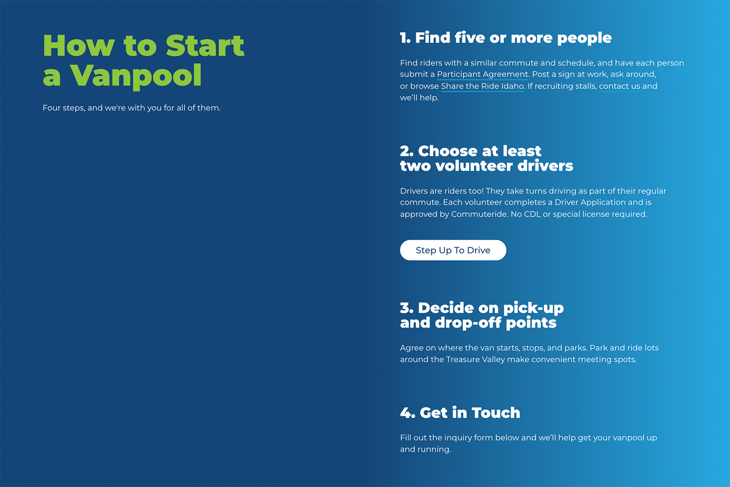 Start a Vanpool page with a 4-step process and the vanpool inquiry form.