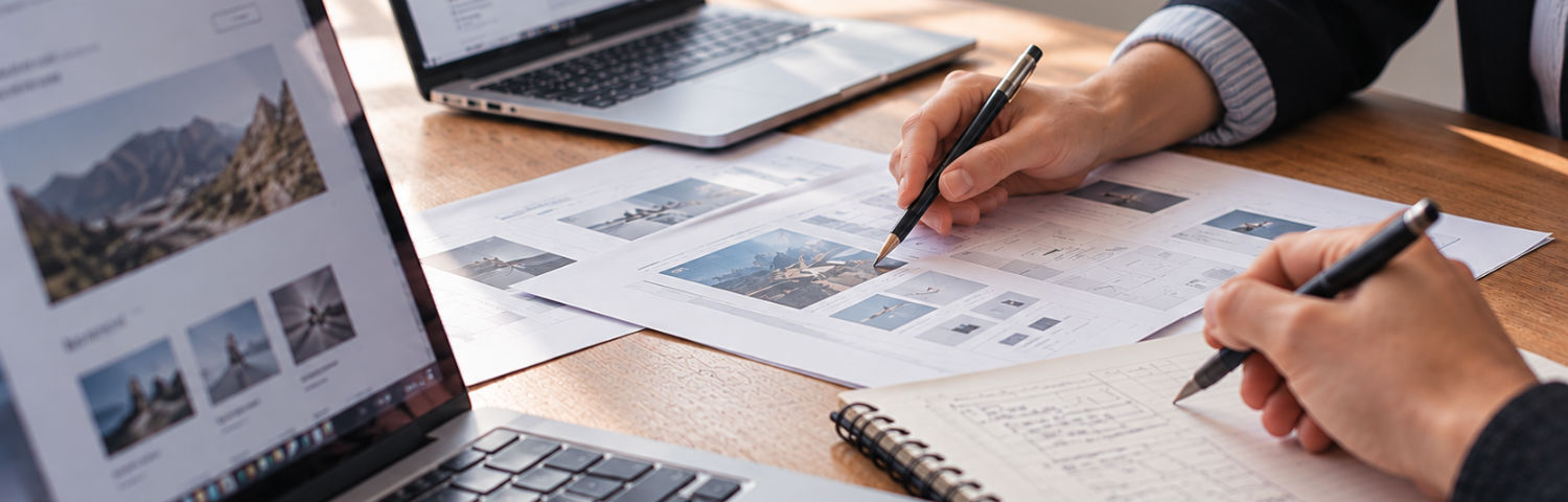Two agency team members reviewing web design wireframes and taking notes during a white-label web development project planning meeting